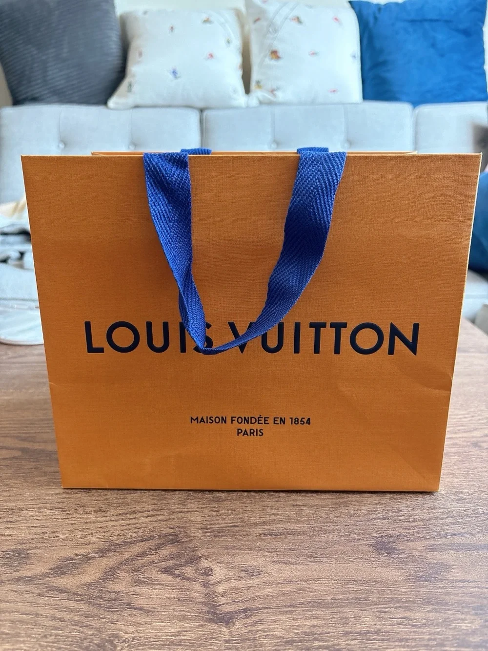 Louis Vuitton Orange Shopping Bag with Blue Handles